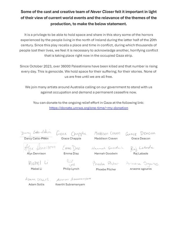 The statement signed by 14 of the cast and crew of Never Closer.