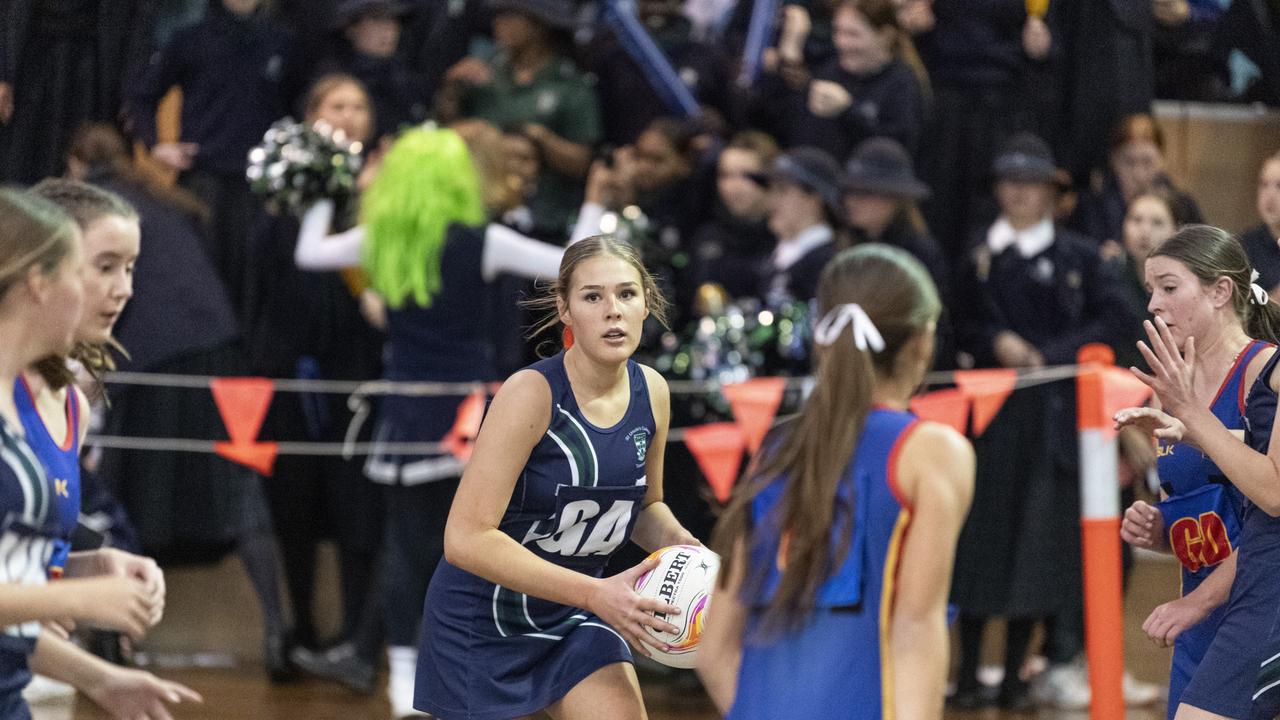 Milla Fitzpatrick of St Ursula's Junior B against Downlands Junior B in Merici-Chevalier Cup netball at Salo Centre, Friday, July 19, 2024. Picture: Kevin Farmer