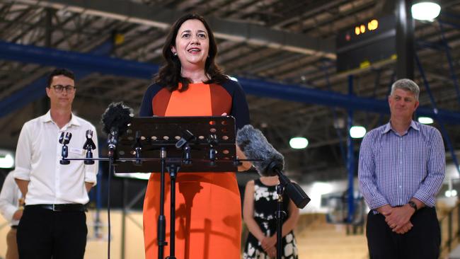 Queensland Premier Annastacia Palaszczuk speaks at a press conference after she officially opened the Northside Indoor Sports Centre in Zillmere. Picture: NCA NewsWire / Dan Peled