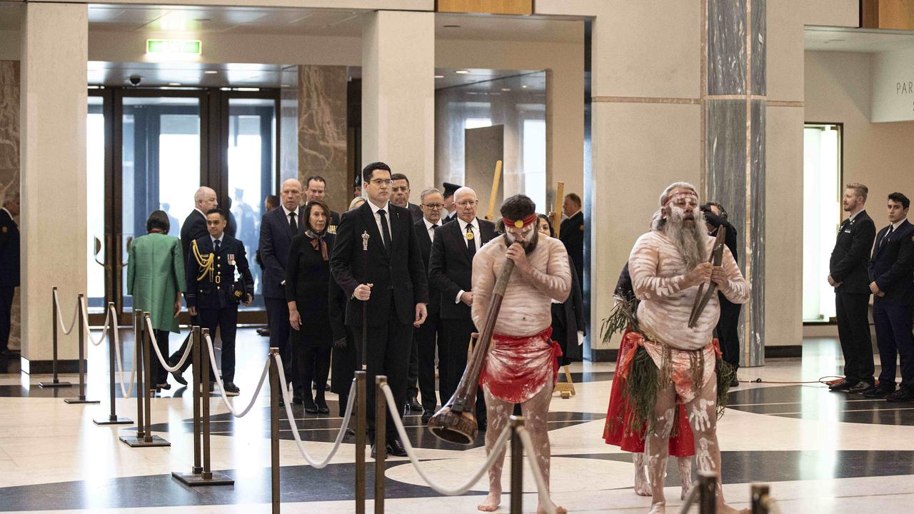 Prime Minister Anthony Albanese with Opposition Leader Peter Dutton and the Governor-General David Hurley, who were led into the service by a smoking ceremony by the Wiradjuri Echoes. Picture: NCA NewsWire / Gary Ramage