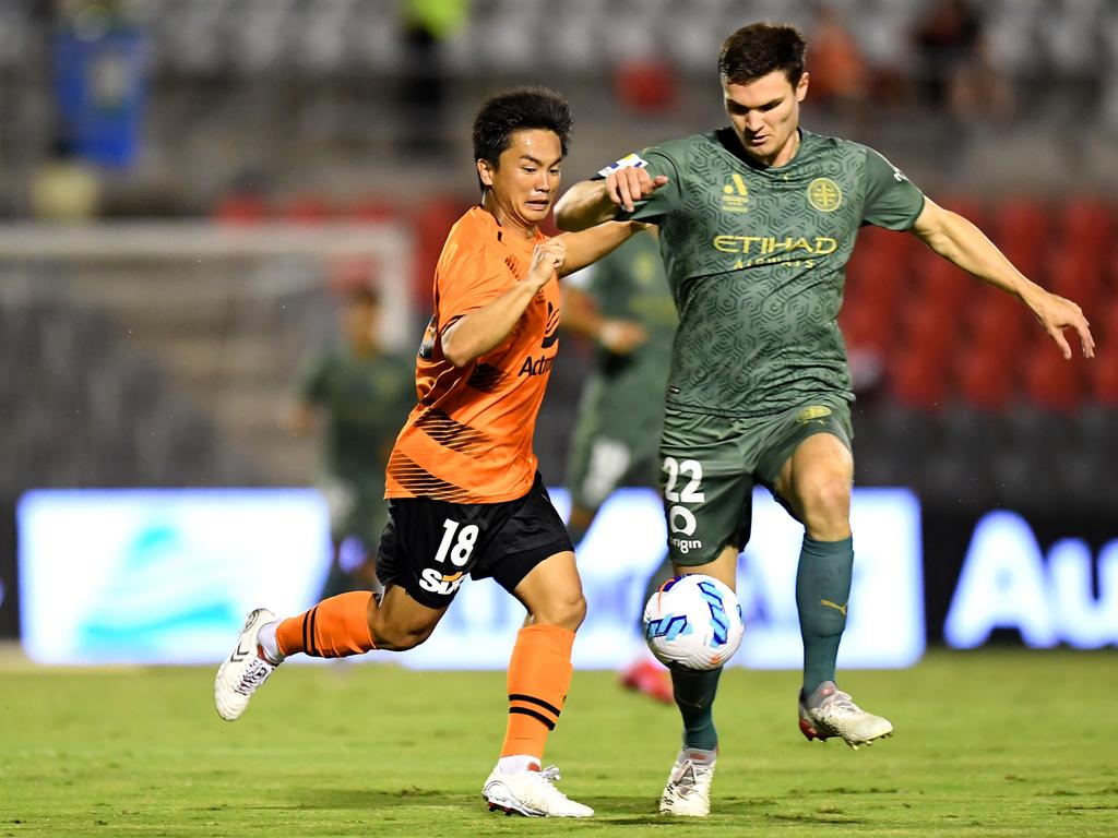 Melbourne City’s Curtis Good (right) battles with Brisbane Roar’s Ryo Wada. Picture: Albert Perez/Getty Images