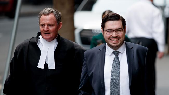 Bruce Lehrmann arrives at the Federal Court on Tuesday with his barrister Steven Whybrow. Picture: NCA NewsWire / Nikki Short