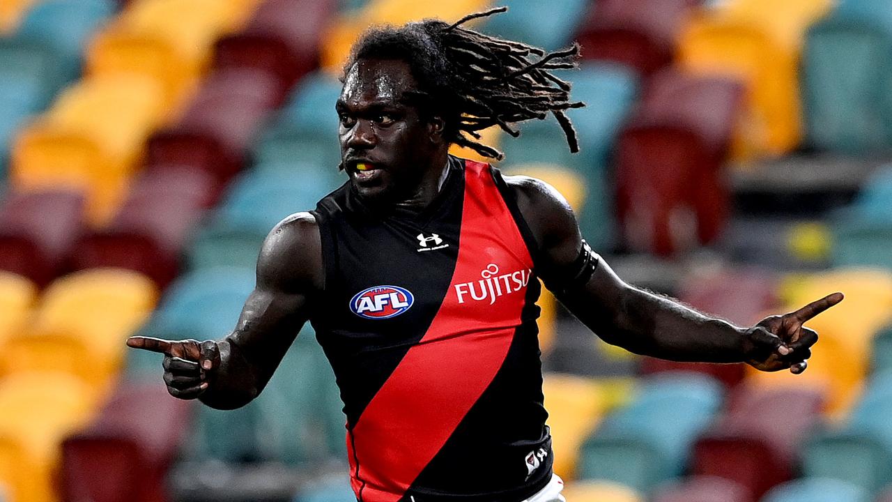 BRISBANE, AUSTRALIA - SEPTEMBER 01: Anthony McDonald-Tipungwuti of Essendon celebrates kicking a goal during the round 15 AFL match between the West Coast Eagles and the Essendon Bombers at The Gabba on September 01, 2020 in Brisbane, Australia. (Photo by Bradley Kanaris/Getty Images)