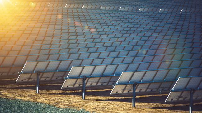 Commercial Concentrating Solar Power CSP Plants. Solar Energy Renewable Energy Theme. Solar Reflectors Closeup.