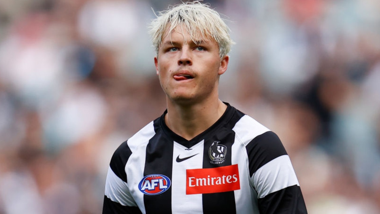 MELBOURNE, AUSTRALIA - MAY 01: Jack Ginnivan of the Magpies looks on during the 2022 AFL Round 07 match between the Collingwood Magpies and the Gold Coast Suns at the Melbourne Cricket Ground on May 01, 2022 in Melbourne, Australia. (Photo by Michael Willson/AFL Photos via Getty Images)