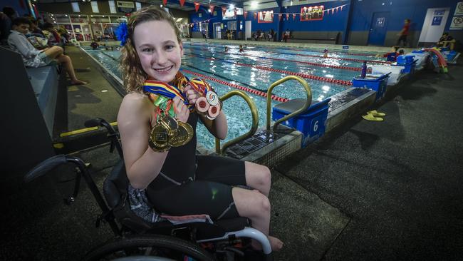 Norwood Swimming Club’s Isabella Vincent, 12, returned from the School Sport Australia Swimming Championships with several medals and records, less than a year after taking up the sport. Picture: AAP/Roy Vandervegt