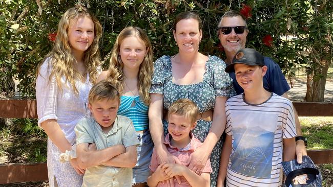 The Wethers family, with mum Belinda, dad Tim and children Charlie, 16, Billie, 14, Dusty, 12, Bodhi, 8 and Tully, 7. Picture: Supplied