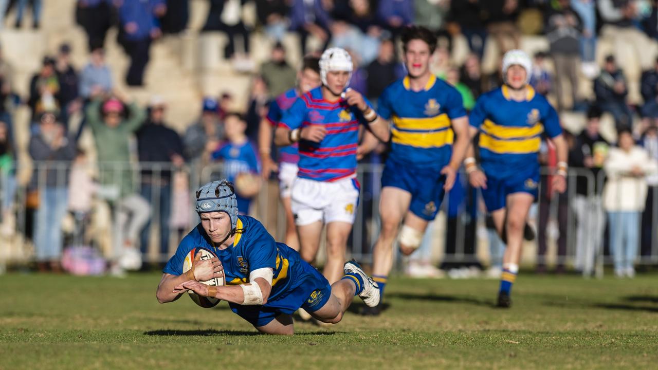 Richard Dean gets a try for Grammar against Downlands in O'Callaghan Cup on Grammar Downlands Day at Downlands College, Saturday, August 6, 2022. Picture: Kevin Farmer