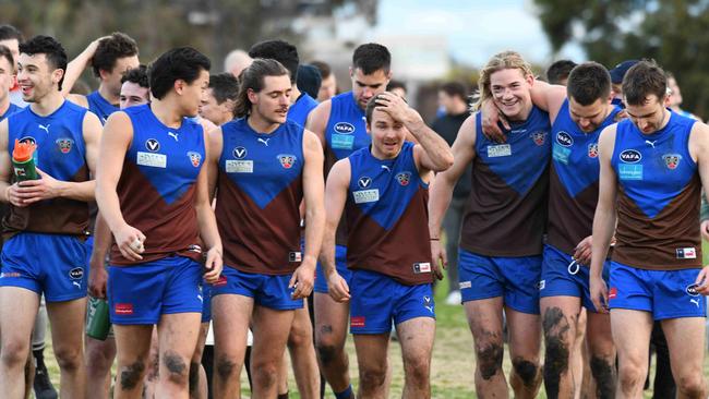 Happy Ormond players leave the ground after defeating Monash Blues in VAFA Premier C. Pic: Ormond AFC