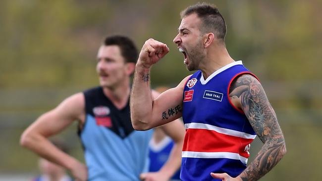 Dean Galea celebrates a goal during the EDFL grand  final between Aberfeldie and Keilor in Essendon, Saturday, Sept. 21, 2019. Picture: Andy Brownbill