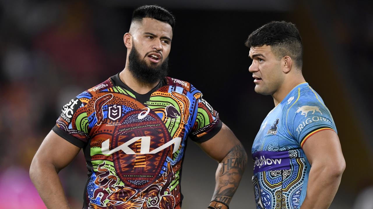 Payne Haas talks to David Fifita after requesting a release from the Broncos. Picture: NRL