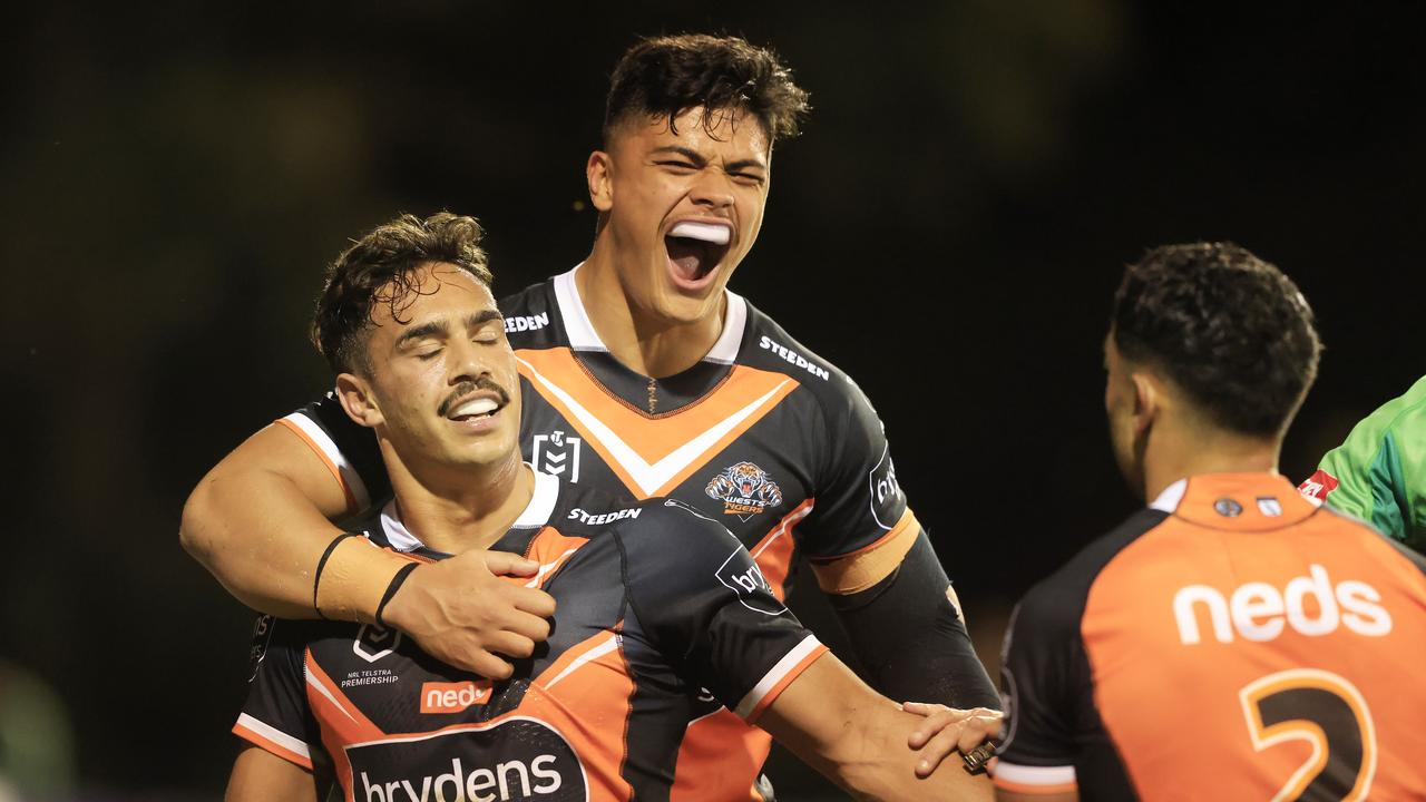 SYDNEY, AUSTRALIA – JUNE 04: Dane Laurie of the Tigers celebrates a try during the round 13 NRL match between the Wests Tigers and the Penrith Panthers at Leichhardt Oval, on June 04, 2021, in Sydney, Australia. (Photo by Mark Evans/Getty Images)
