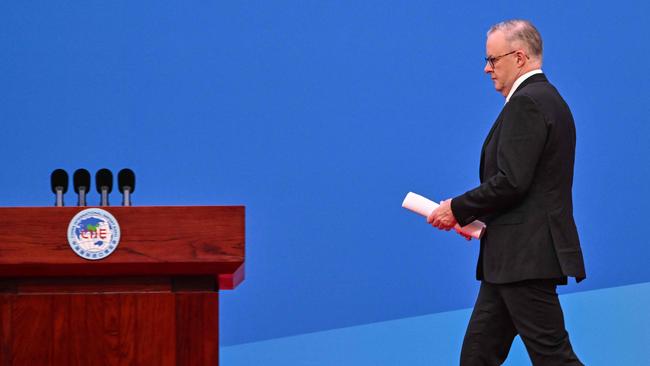 Anthony Albanese takes to the podium before speaking during the opening ceremony of the 6th China International Import Expo in Shanghai. (Photo by Hector RETAMAL / AFP)