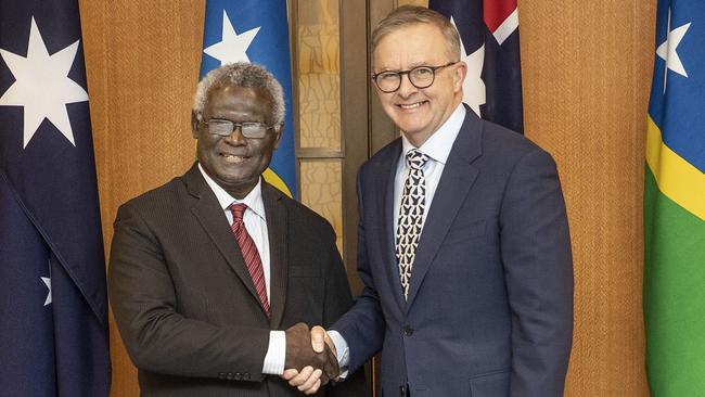 Solomon Islands Prime Minister Manasseh Sogavare and Anthony Albanese in Parliament House in Canberra. Picture: Gary Ramage