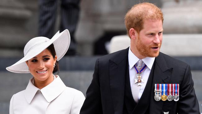 Prince Harry, Duke of Sussex, and Meghan, Duchess of Sussex after attending the National Service of Thanksgiving at St Paul's Cathedral during the Queen's Platinum Jubilee.