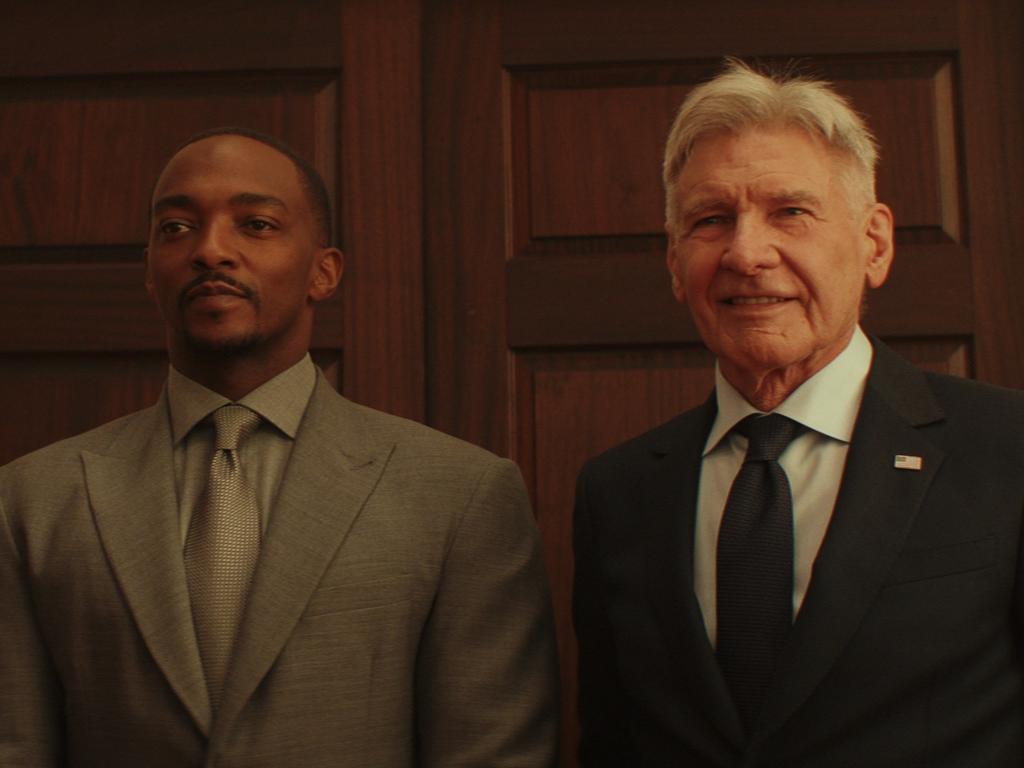 Captain America/Sam Wilson (Anthony Mackie) and President Thaddeus Ross (Harrison Ford) in Captain America: Brave New World.