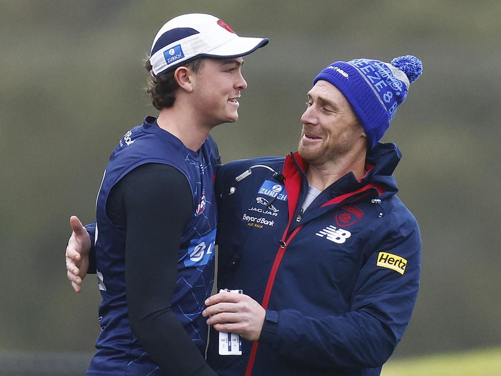 Daniel Turner and coach Simon Goodwin ahead of his debut match on Queens Birthday in 2022. Picture: Daniel Pockett/Getty Images