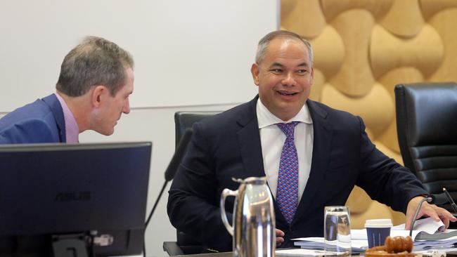 CEO Dale Dickson giving advice to Mayor Tom Tate. Picture: Richard Gosling