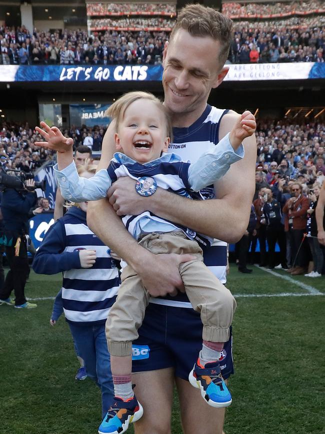 Selwood gave Gary Ablett’s son, Levi, a special moment. Picture: Dylan Burns/AFL Photos via Getty Images