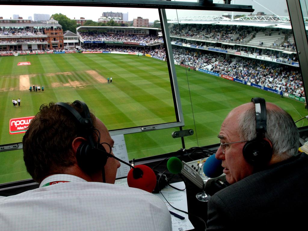 Jonathan Agnew in the BBC commentary box interviewing then-Prime minister John Howard.