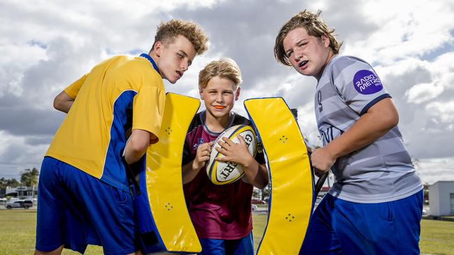 Like Hillcrest, Miami High have found students from other sports have been keen to try their hand at rugby. Left to right: Miami’s Gus Adamson, Van McDonald and Rogan Huntley. Picture: Jerad Williams