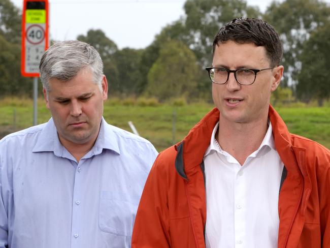 Transport Minister Bart Mellish, Police Minister and Member for Morayfield Mark Ryan, to announce a funding boost for a local road at the Corner of Buchanan Road and Visentin Road, Morayfield, on Wednesday 3rd July 2024 - Photo Steve Pohlner