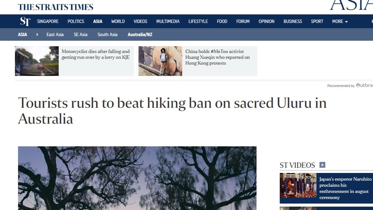 The Straits Times reported on the rush of tourists hoping to climb Uluru.