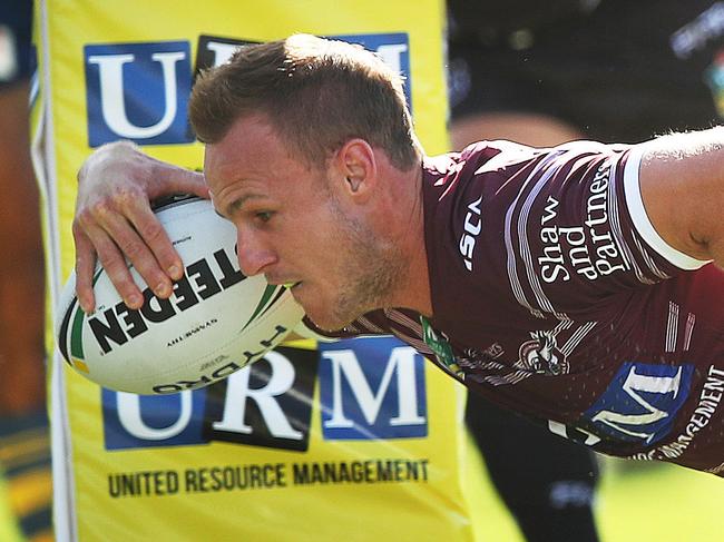 Manly's Daly Cherry-Evans scores a try during NRL match between the Manly Sea Eagles and the Parramatta Eels at Brookvale oval. Picture. Phil Hillyard