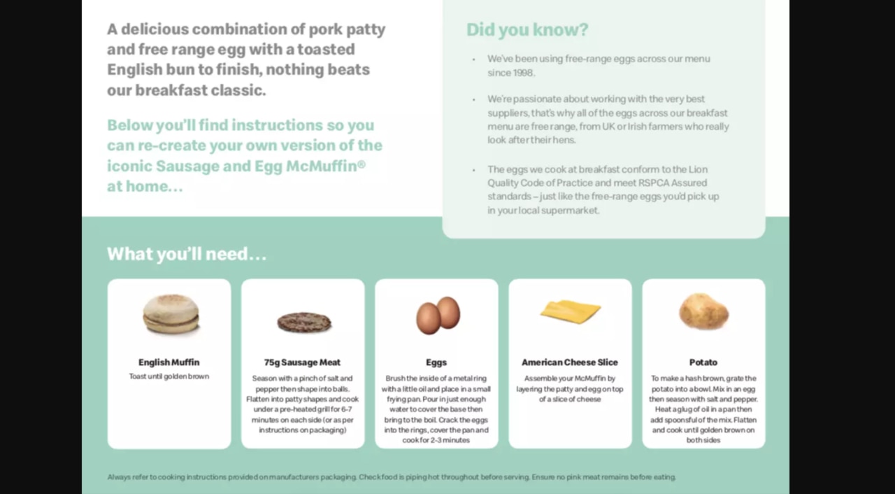 5 steps to homemade Sausage and Egg McMuffins. Picture: McDonald’s