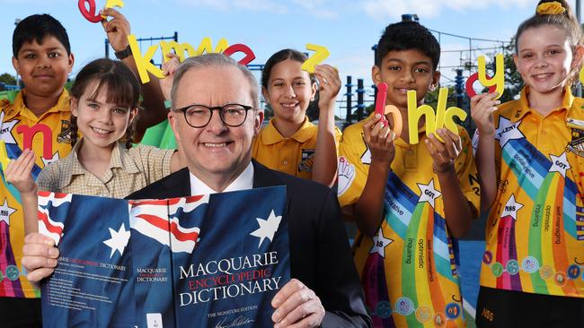 Embargoed for the editorial launch of the Prime Minister's Spelling Bee, Sunday 21 July, please DO NOT USE. We have permission for ONE USE ONLY, these images are ONLY to be used in relation to Nundah State School's hosting of the PM's visit for the 2024 Bee launch.Prime Minister Anthony Albanese with Nundah State School students Rohan Bishnoi, 11, year 6; Matilda Sedgman, 8, year 3; Zoe Caporale, 10, year 5; Avhi Hejeebu, 11, year 6; and Evie Sedgman, 11, Year 6; Prime Minister's Spelling Bee launch. Picture: Liam Kidston