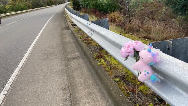 Floral tributes and a small toy unicorn lay at the fatal crash site on Algona Road, where a Huntingfield father and his young daughter were killed in a car crash. Photo: PHIL YOUNG