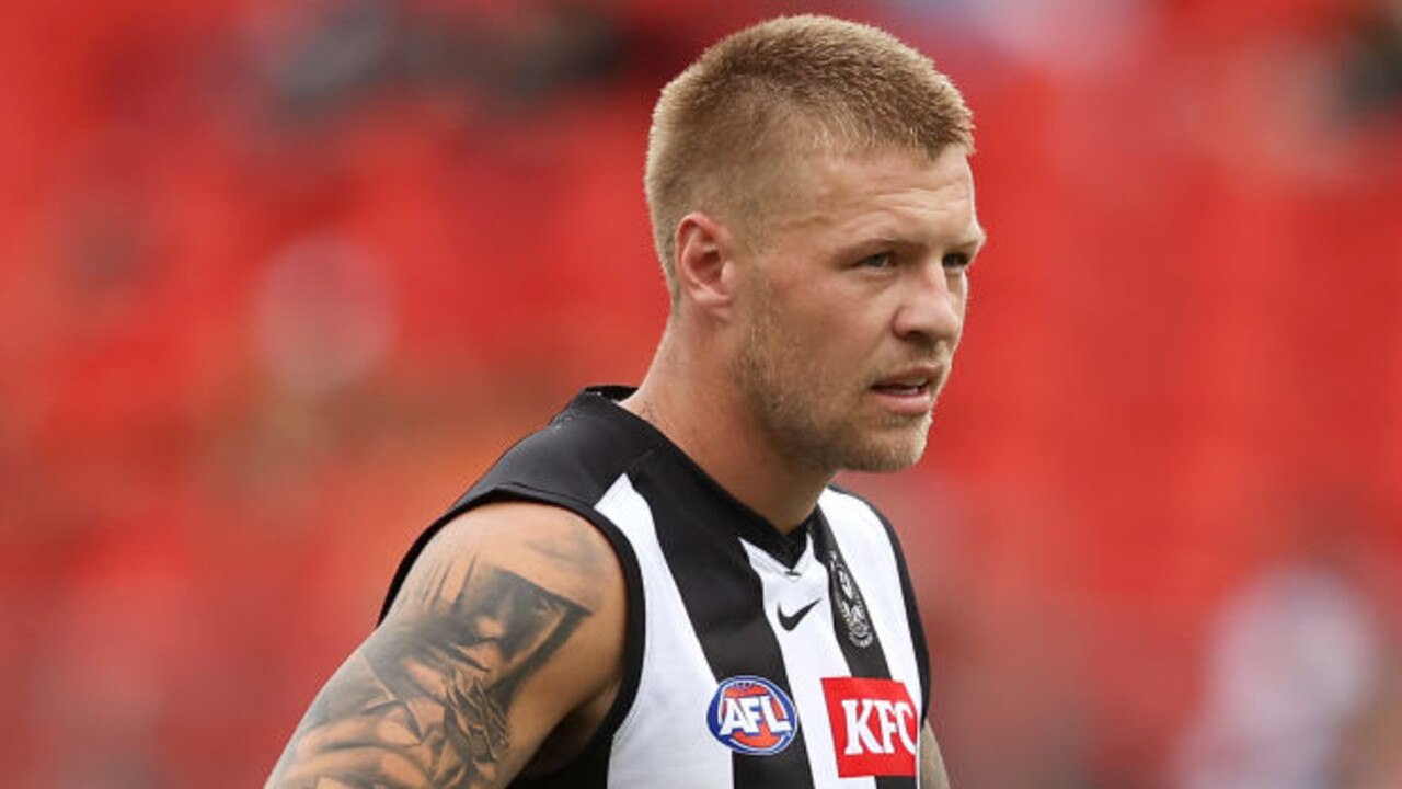 SYDNEY, AUSTRALIA - MARCH 06: Jordan De Goey of the Magpies watches on during the AFL AAMI Community Series match between the Greater Western Sydney Giants and the Collingwood Magpies at GIANTS Stadium on March 06, 2022 in Sydney, Australia. (Photo by Mark Kolbe/Getty Images)