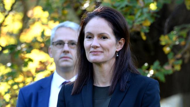 MELBOURNE, AUSTRALIA - NewsWire Photos APRIL 29, 2021: Corrections Commissioner Emma Cassar and Acting Police and Emergency Services Minister Danny Pearson at the announcement of plans for a new quarantine facility north of Melbourne. Picture: NCA NewsWire / Andrew Henshaw