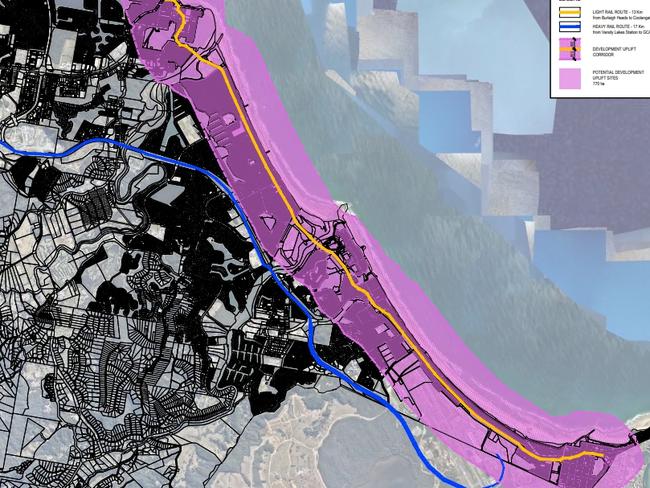 The current preferred options for light and heavy rail heading south on the Gold Coast to the airport.