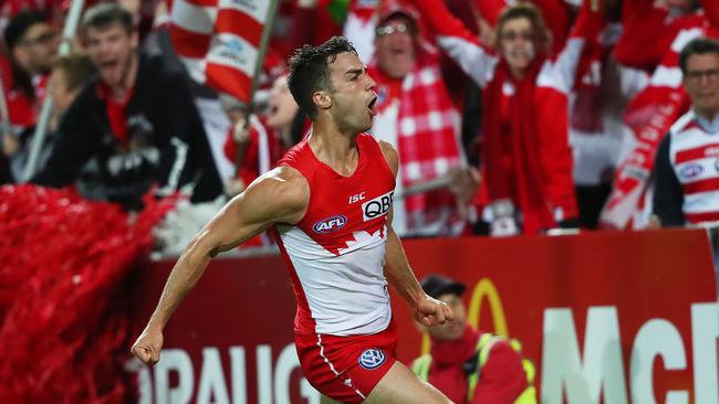 Xavier Richards celebrates a goal in the semi-final against Adelaide. Picture: Phil Hillyard