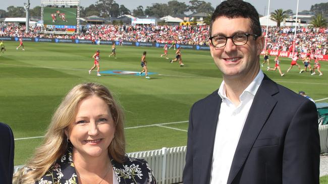 Gather Round  - West Coast V Sydney at Mt. Barker. Mayor David Leach and politicians, Rebecca Starkey and Dan Cregan. 6 April 2024. Picture Dean Martin