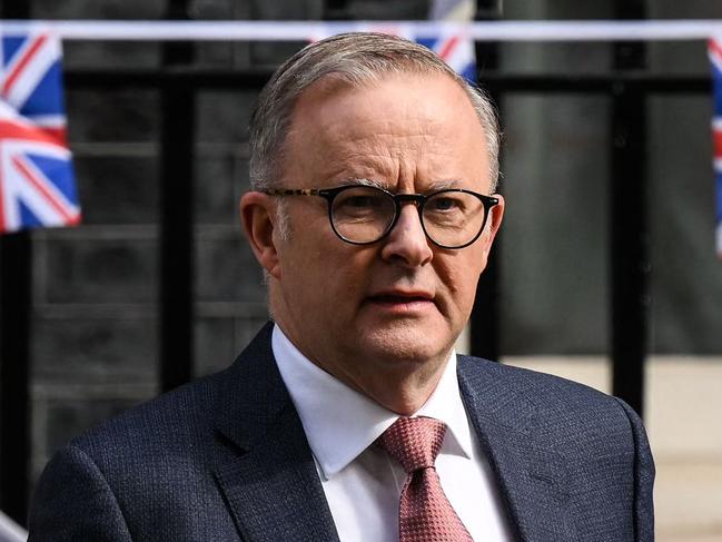 Australia's Prime Minister Anthony Albanese reacts as he speaks to the press outside Number 10 Downing Street in London, on May 5, 2023 following a meeting with Britain's Prime Minister. (Photo by Daniel LEAL / AFP)