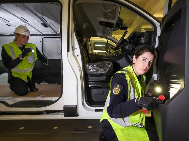 Australian Border Force Officers Abbey Greaves and Micaela Cornish conduct a RORO Ship Drug Inspection. Picture: Ian Currie