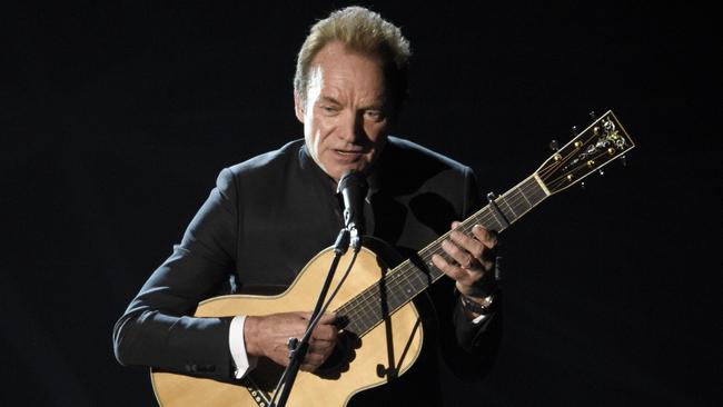 Sting performs best original song nominee The Empty Chair from Jim: The James Foley Story. Picture: AP