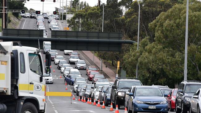 Traffic chaos on Flagstaff Hill Rd after the fatal crash. Picture: Campbell Brodie