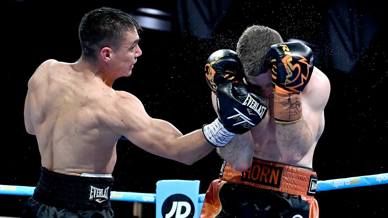 Tim Tszyu lands a punch on Jeff Horn. (Photo by Bradley Kanaris/Getty Images)