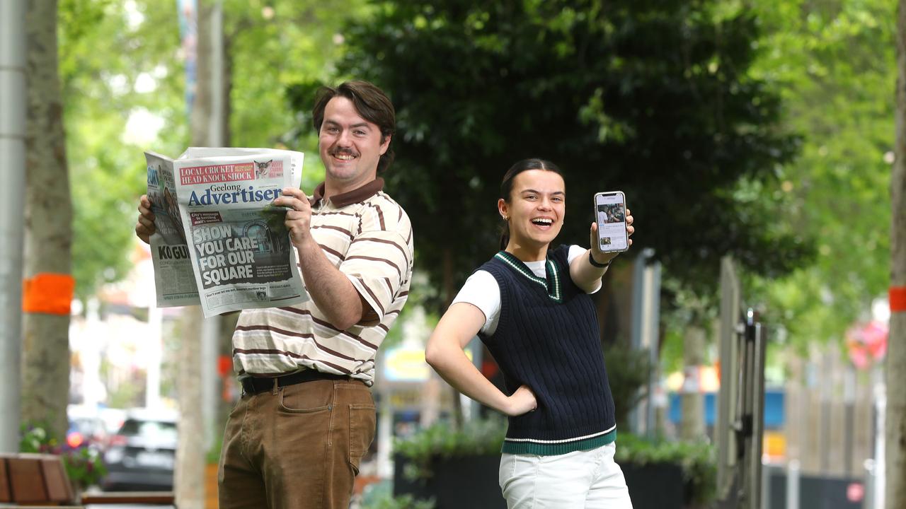 Geelong Advertiser reporters Will Keech and Chelsea Bunting celebrate strong circulation figures. Picture: Alison Wynd