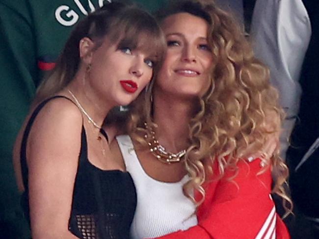 Singer Taylor Swift and actress Blake Lively prior to Super Bowl LVIII between the San Francisco 49ers and Kansas City Chiefs at Allegiant Stadium on February 11, 2024 in Las Vegas, Nevada. (Photo by Steph Chambers/Getty Images)