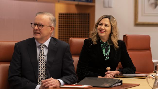 Premier of Queensland Annastacia Palaszczuk and Prime Minister Anthony Albanese at the National Cabinet meeting in Parliament House on Friday. Picture: NCA NewsWire / Martin Ollman