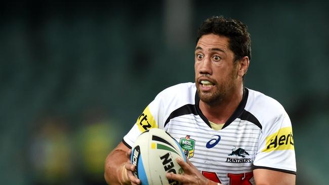 Brent Kite of the Panthers runs the ball up against the Roosters during the round 3 NRL match between the Sydney Roosters and the Penrith Panthers at Allianz Stadium in Sydney on Monday, March 23, 2015. (AAP Image/Paul Miller)