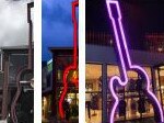 Examples of the proposed 9.2m LED-lit guitar sculpture that would have been at the entrance to the proposed Hard Rock Cafe on The Corso at Manly. Picture: Grain Architects