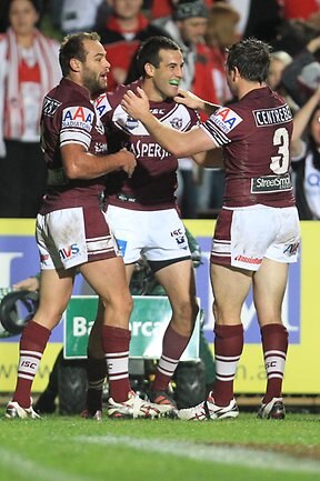 <p>NRL round 13 Sea Eagles v Dragons: Try to Michael Oldfield. Picture: Mark Evans</p>