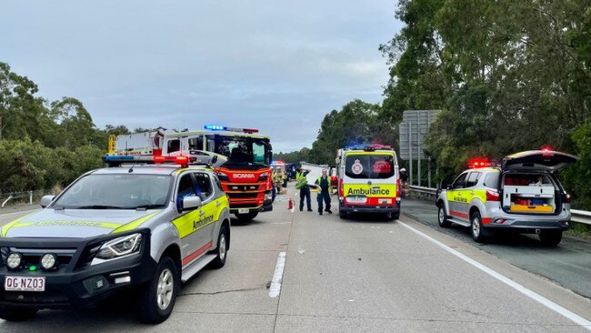 A serious crash on the M1 at Coomera on the Gold Coast on Friday morning. Picture: Queensland Ambulance