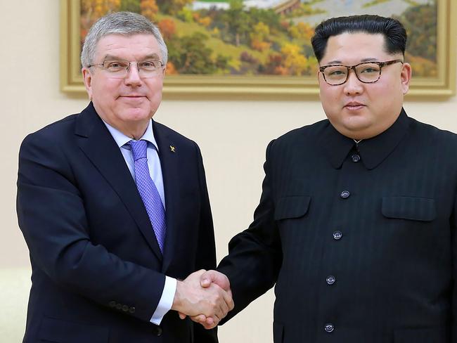 Kim has been on a charm offensive in recent weeks and is pictured here meeting with President of the International Olympic Committee Thomas Bach. Picture: AFP/KCNA