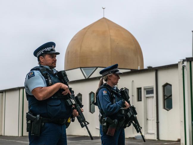 CHRISTCHURCH, NEW ZEALAND - MARCH 23: Armed police guard Al Noor mosque after it was officially reopened following last weeks attack, on March 23, 2019 in Christchurch, New Zealand. 50 people were killed, and dozens were injured in Christchurch on Friday, March 15 when a gunman opened fire at the Al Noor and Linwood mosques. The attack is the worst mass shooting in New Zealand's history.  (Photo by Carl Court/Getty Images)